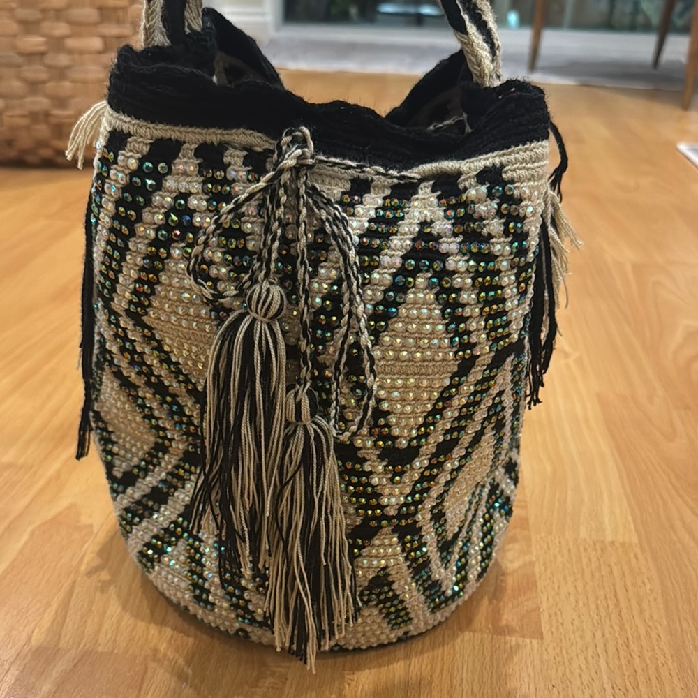 Bohemian Beaded Bucket Bag - Black and Cream